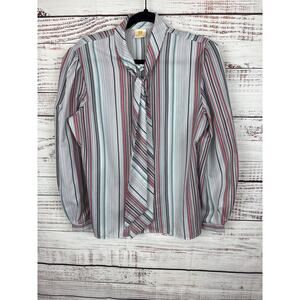 Womens VTG White Stag White Multi Striped Button Up Blouse Neck Tie Office Sz 16